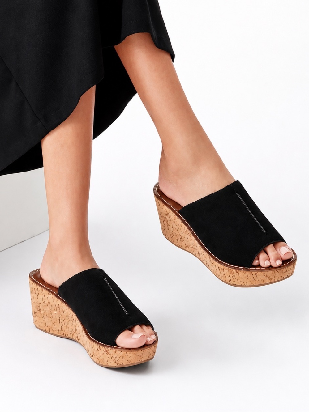 Sam Edelman Ranger Black Suede Cork Wedge Mule Slide Sandals Women’s Size 10